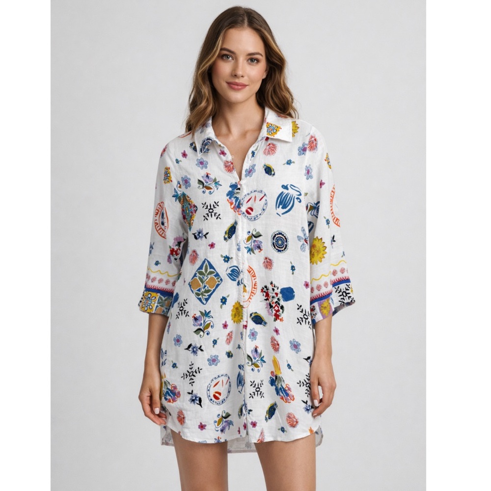 Label of Love La Dolce Vita Linen Blend Printed Shirt Dress